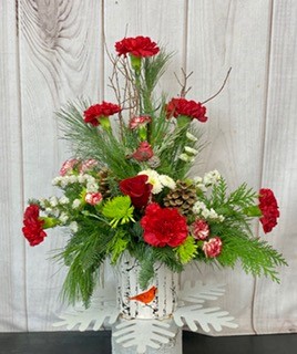 Festive Christmas arrangement with red roses & red carnations